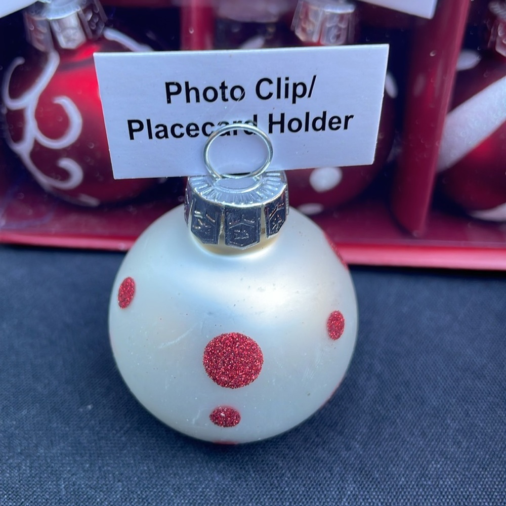 12 Holiday Ornament Photo Clips/Placecard Holders. NWOT - never used.